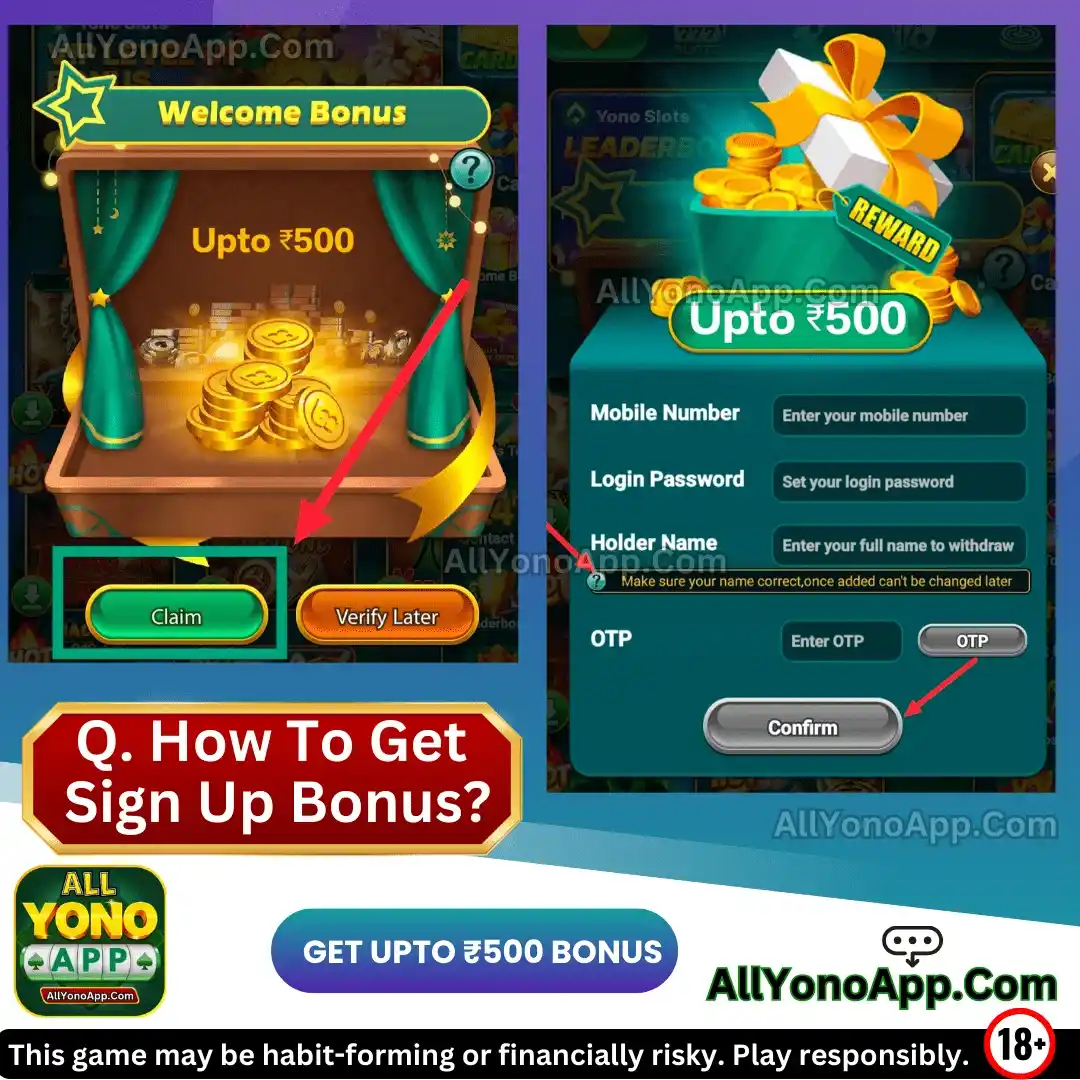 Yono VIP Signup Bonus Screen